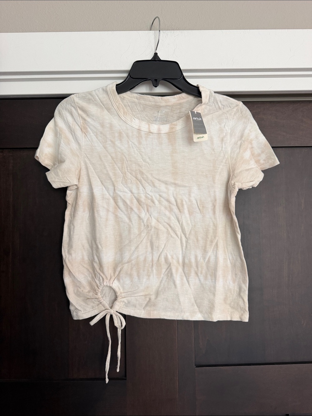 aerie Beige Tie-Hem Short Sleeve Top Distressed Neckline size XS